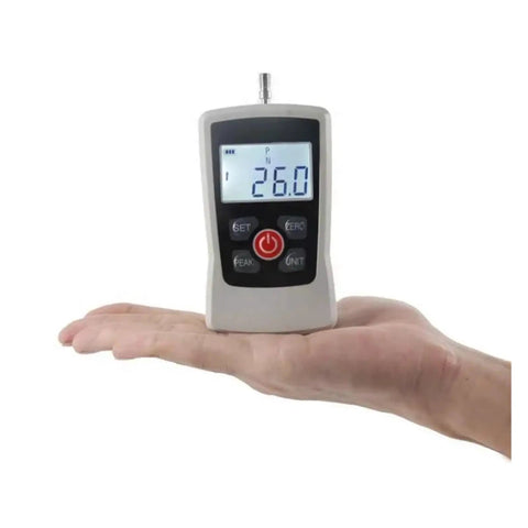 Digital Push Pull Gauge With Backlit Display Portable Dynamometer For On The Go Compression Tests AMF 500N Max 1 Percent Precision White Unit Requires Two AAA Batteries Not Included, on hand