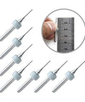 Pro Grade Tungsten Carbide Micro Drill Bits Set For PCB And Engraving, 0.8mm Bits With 3.175mm Shank displayed with ruler scale