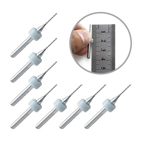 Pro Grade Tungsten Carbide Micro Drill Bits Set For PCB And Engraving, 0.8mm Bits With 3.175mm Shank displayed with ruler scale