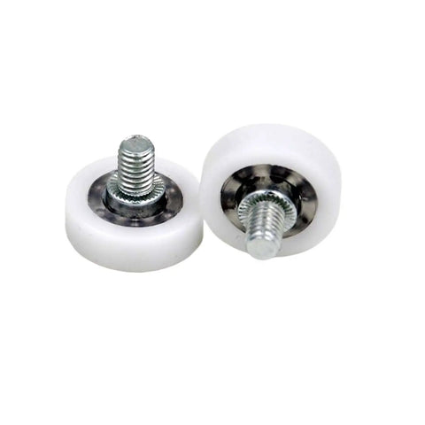 Close-up of 10 Pc Drawer Bearing Wheel Set DR26C6L8W7M6 M6x26x7mm with white finish for kitchen cabinets and furniture