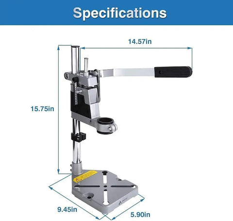Specifications of Adjustable Desktop Drill Stand With Universal Bench Clamp And Workbench Support, dimensions indicated.