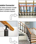 Adjustable connector for Heavy Duty Stair Railing Spindle System Kit, suitable for angled stairways, with black wrought iron and wooden handrail.