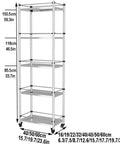 Hella Sturdy 5 Tier Metal Storage Rack With Swivel Wheels For Kitchen Or Pantry Heavy Duty Adjustable Shelving Unit showing dimensions.