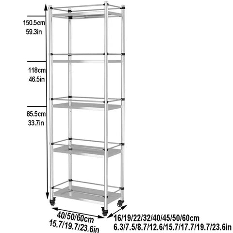 Hella Sturdy 5 Tier Metal Storage Rack With Swivel Wheels For Kitchen Or Pantry Heavy Duty Adjustable Shelving Unit showing dimensions.