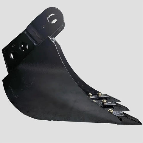 Side view of 12 Inch Front Hoe Hydraulic Tilt Bucket for Mini Skid Steer Fronthoe Backhoe Excavator with bolt-on carbon steel teeth