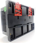 Flow Meter And Totalizer For Liter And Gallon Tracking With Five Sensors And Five Alarms Big Display Shows Instant Flow Rate And Alarm Status Relay LEDs Compatible With Up To Five Sensors For Bang For Your Buck Liquid Monitoring, side view of black plastic casing with red mounting clips