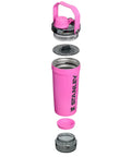 No Sweat Leakproof 20 Oz Hot Pink Shaker Bottle With Secure Hinge Lid And Fast Flow Spout disassembled view showing parts.