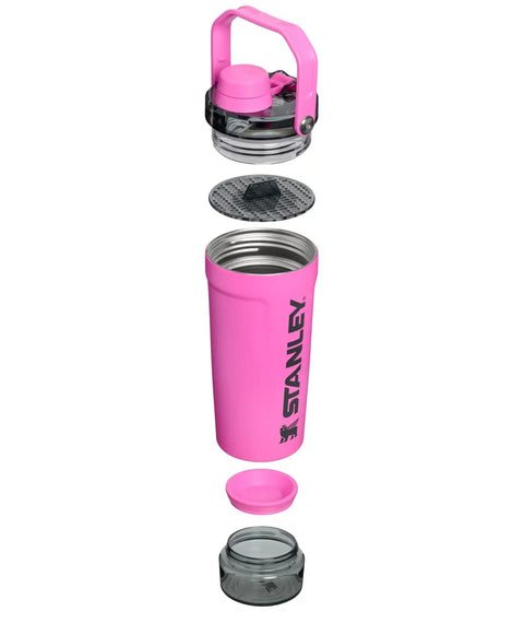 No Sweat Leakproof 20 Oz Hot Pink Shaker Bottle With Secure Hinge Lid And Fast Flow Spout disassembled view showing parts.
