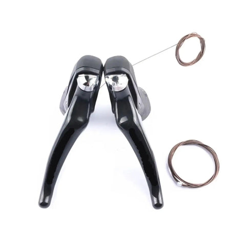 Ride Ready Road Bike Shifter Pair With Slick Shifting 2x11 Speed Mechanical Levers showing levers and cables on white background.