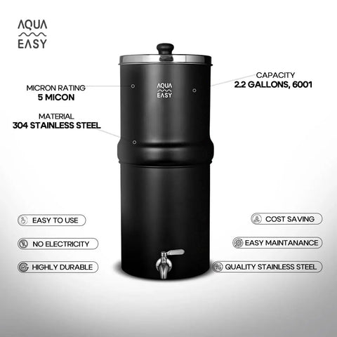 2.25 Gallon Gravity Water Filter System With Dual Activated Carbon Filters, Stainless Steel Tap, Matte Finish and Wooden Stand