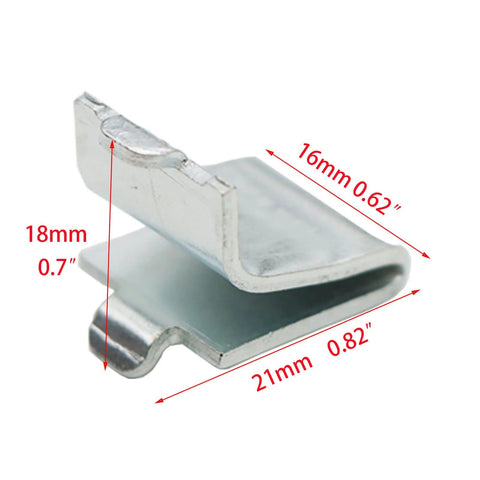 Close-up of 14 Piece Silver Adjustable Steel Shelf Clip Supports For Metal And Wood Shelves Pilaster Bracket Clips Easy Hand Installation Galvanized 23 Gauge Heavy Duty Shelf Clips Set