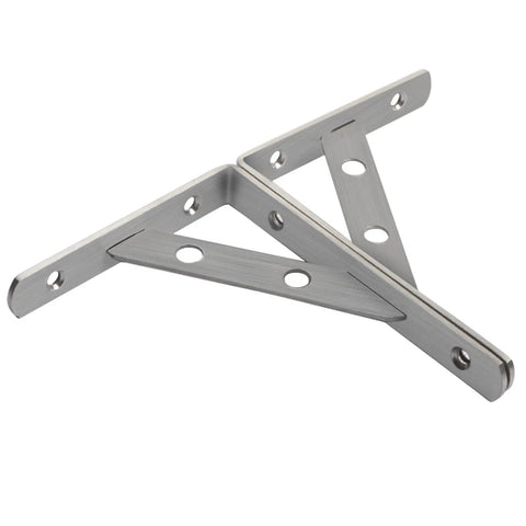 Badass Rock Solid Stainless Steel Shelf Brackets Heavy Duty Corner Braces For Floating Shelves Wall Mounted Garage Or Home Quick Install Smooth Brushed Finish Takes All The Weight Up To 440 Lbs Pair - close-up view showing brushed finish design.