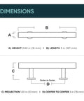 Diagram of Three Inch Center To Center Stainless Steel Square Bar Cabinet Pull With Modern Sleek Finish dimensions.