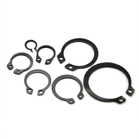 Assorted sizes of carbon steel snap rings from All-In-One 200-Piece M6-M20 Internal And External Retaining Circlips C-Clip Washers Snap Rings Carbon Steel Assortment Kit.