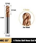 Carbide ball-nose end mill, 1/4 in shank, 2 in overall length, 4-flute, TiSiN-coated for steel