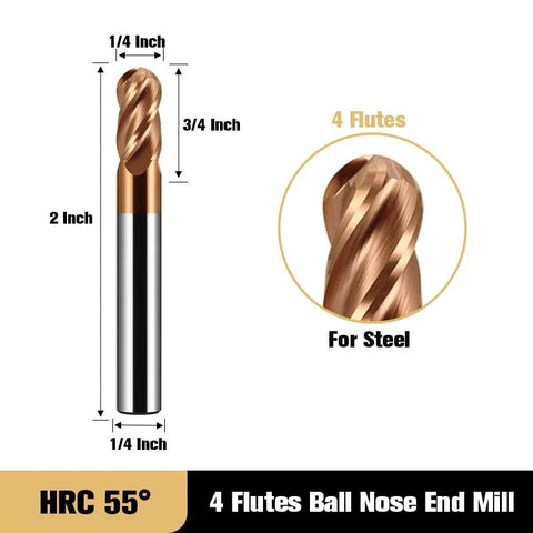 Carbide ball-nose end mill, 1/4 in shank, 2 in overall length, 4-flute, TiSiN-coated for steel