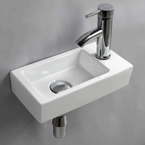 Compact Wall Hung Powder Room Basin For Small Bathrooms, Rectangular Ceramic Wash Basin With Right Hand Drain, Durable 1280C Fired Ceramic, Scratch Resistant Glaze, Easy Clean Surface, Standard 1.75 Inch Drain Compatibility