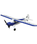 Blue and white Sport Cub S 2 RC Airplane BNF Basic with SAFE technology on white background, side view.