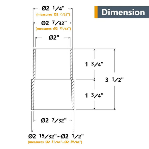 Technical drawing of 2-1/2 Inch To 2-1/4 Inch Dust Collector Reducer Coupler, ABS Plastic, dimensions labeled for precise fitting.