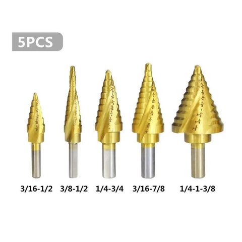 Dang Tough Heavy Duty Titanium Coated HSS Step Drill Bit Set With Triangular Shank For Smooth Wood And Metal Cutting Versatile Pro Shop Grade 5 Piece Kit showing five step drill bits with different sizes.