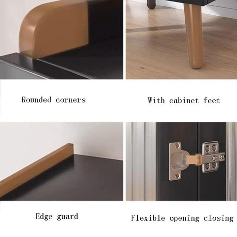 Floor Standing Bookshelf With Bamboo Shelves And Plastic Doors featuring rounded corners, sturdy feet, edge guard, hinge detail
