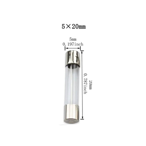 Close-up of a 5x20mm glass fuse with measurements for Inline Screw Type 16 AWG Fuse Holder Kit With 10 Pieces And 100 Pieces Of Quick Fast Blow Glass Fuses 5x20mm For Automotive Electrical Projects And DIY Wiring.
