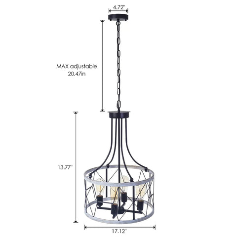 Farmhouse Round Pendant Chandelier 4 Light Cage Ceiling Light 17 Inch Drum Hanging Lamp Fixture Rustic Metal Flush Mount