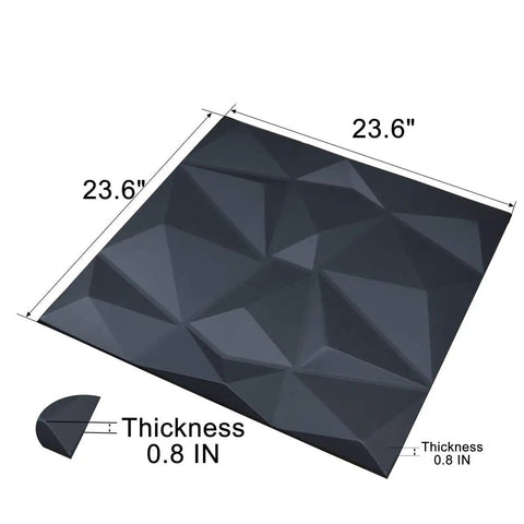 3D Leather Tile Wall Panels Black Diamond Pattern Dope Modern Decorative Soundproof Wall Art Easy Cut DIY Friendly, 23.6" square size image showing dimensions and thickness