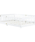 Full Size Floor Bed With Fence And Door For Toddlers And Kids, Safe Guardrails, Wooden Platform Bed with Rubber Wood Construction