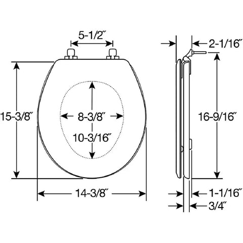 Dimensions for Beadboard Round Toilet Seat With Chrome Hinges In White Enamel Wood Durable One Pack Sta-Tite