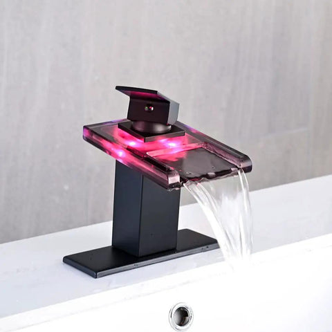 LED Temperature Sensing Slick Matte Black Bathroom Sink Faucet With Open Glass Spout Waterfall Flow Single Hole Mount