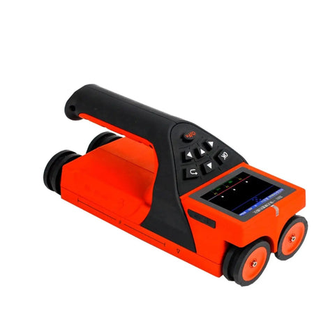 Heavy Duty Wall Scanner And Stud Finder That Cuts Through Drywall Like Butter With Solid Depth Display And Deadly Accurate Rebar Detection Plus Electrical Cable Locator showing an orange scanner with control panel.