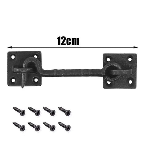 Two Piece Heavy Duty 4 1/2 Inch Sliding Barn Door Hardware Set With Slick Cast Copper Latch Hook And Eye Lock Rust Resistant For Straight Up Secure Wood Doors with screws.