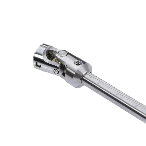 Close-up of Stainless Steel Free To Cut Length Driveshaft with Universal Joint for 1/10 RC Crawler Upgrades, showing CNC machined detail.