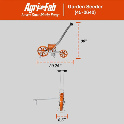 Side and front view dimensions of Push Garden Seeder Planter With 3 Lb Poly Hopper And 7 Interchangeable Seed Plates