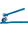 Real Deal Manual Tube Bender For Copper And Steel Pipes Ergonomic Long Handle with blue finish and bending radius indicator.