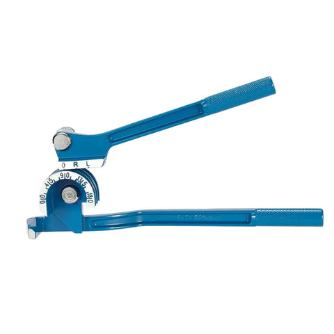 Real Deal Manual Tube Bender For Copper And Steel Pipes Ergonomic Long Handle with blue finish and bending radius indicator.