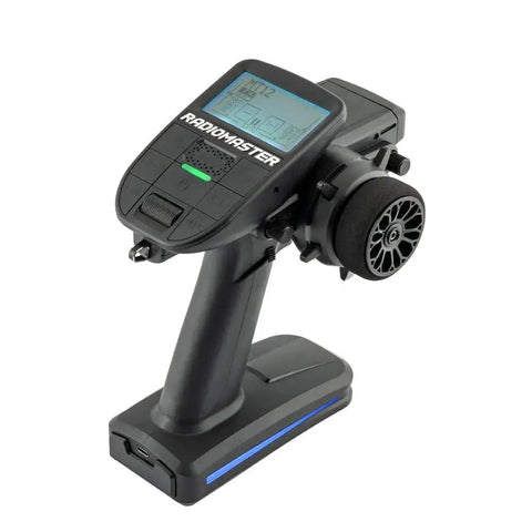 MT12 Open Source Surface Radio With ExpressLRS Receiver, displaying LCD and control knobs, USB port visible