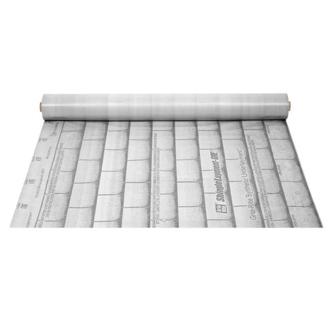 Tough As Nails Synthetic Roof Felt Roll Four By Two Fifty Grey Heavy Duty Shingle Underlayment on a roll, showing slip resistant backing.