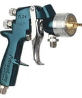 Professional HVLP Spray Gun Kicks Out Straight Fire Coverage With Smooth Mist Control And Flexible 13 Inch Fan Setup Ideal For Wood Working And Auto Detailing Jobs Built Tough Usa Standard, close-up view of spray gun.