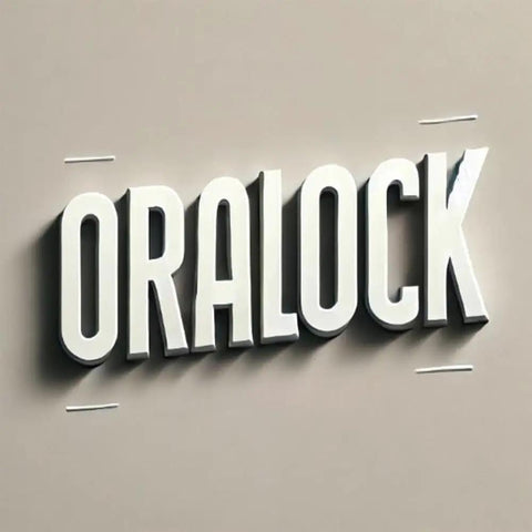 Wall-mounted 3D sign with bold white letters spelling ORALOCK