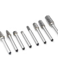 Eight solid carbide burrs with 1/4'' shanks, double-cut heads for die grinders, suitable for metal and wood carving