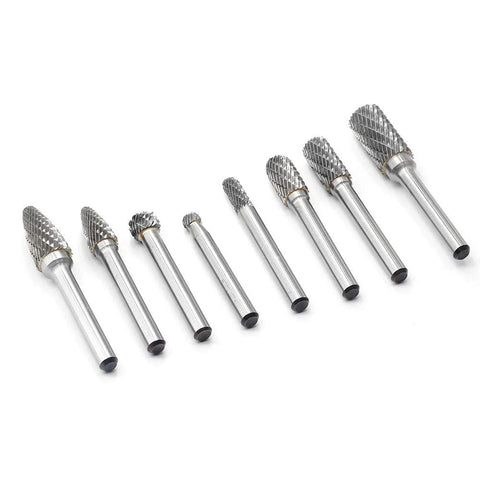 Eight solid carbide burrs with 1/4'' shanks, double-cut heads for die grinders, suitable for metal and wood carving