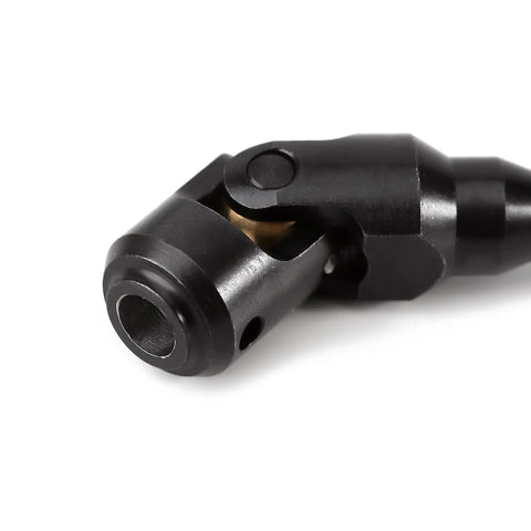 Heavy Duty Steel Drive Shaft For 1 To 10 RC Car Crawler With Six Length Sizes 104 To 139mm Universal Joint Hardened Build For Long Life Includes 4mm Set Pins To Hook Up Pinion And Transmission With Splined Engagement For Realistic Scale Look., black universal joint RC drive shaft close-up