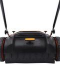 Workhorse Walk Behind Outdoor Sweeper, No Fuss Hand Push Pavement Cleaner With Generous Debris Hopper, Zero Cord Hassle, Crushes Leaves And Gravel On Driveways And Sidewalks, front view of manual sweeper's hopper and handle.