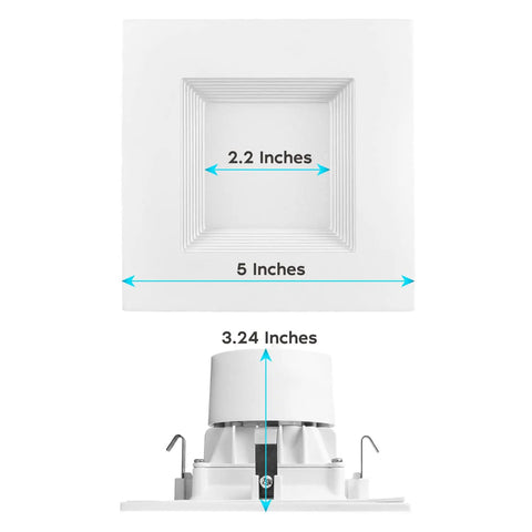 Diagram of 4-Inch Square LED Recessed Can Lights Kit, Dimmable, Wet Rated, showing dimensions of housing and trim.