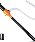 HORUSDY handheld battery-powered fuel transfer pump with orange trigger, black body and white tubing with two batteries
