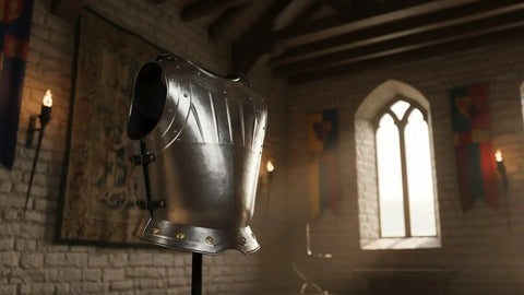 Epic Medieval Warrior Breastplate Armor Fitted Metallic Chest Plate One Size Rustic Vintage in a medieval-themed room.