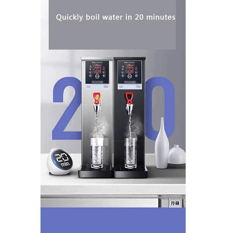 Heavy Hitting Commercial Step Water Heater With Triple Layer Insulation Offers Rock Solid Heat Lock And Instant Continuous Flow Hot Water on countertop with water flowing.