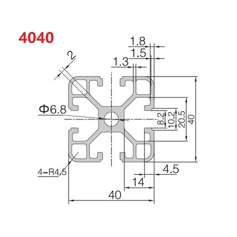 Heavy Duty 2 Piece 4040 T-Slot Aluminum Extrusion Profile Frames For DIY Projects And European Linear Rail Systems, detailed dimensions.